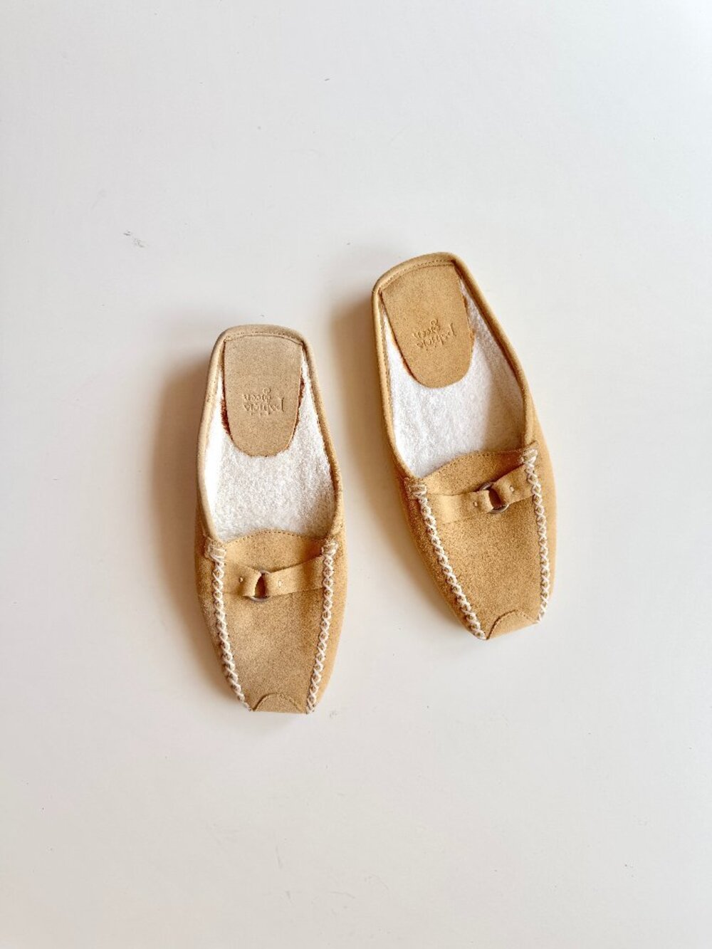 PATRICIA GREEN Greenwich Tan Suede Leather Moccasin Mule Slide Slippers, Size 7